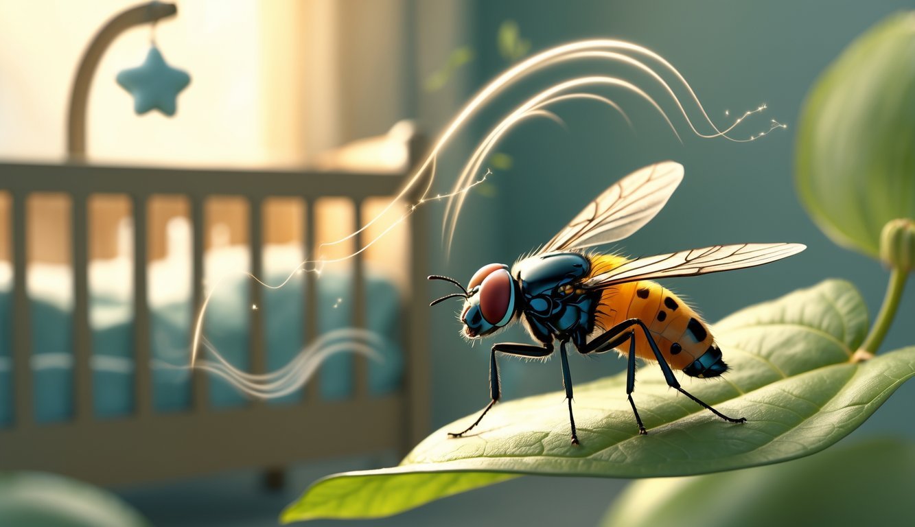 A close-up of a fruit fly on a leaf with soft vibration waves around it and a blurred baby crib with a rocking mobile in the background.