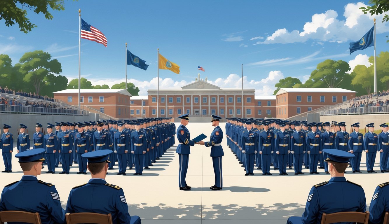 A military graduation ceremony at Fort Jackson with soldiers in uniform receiving diplomas on an outdoor parade ground.