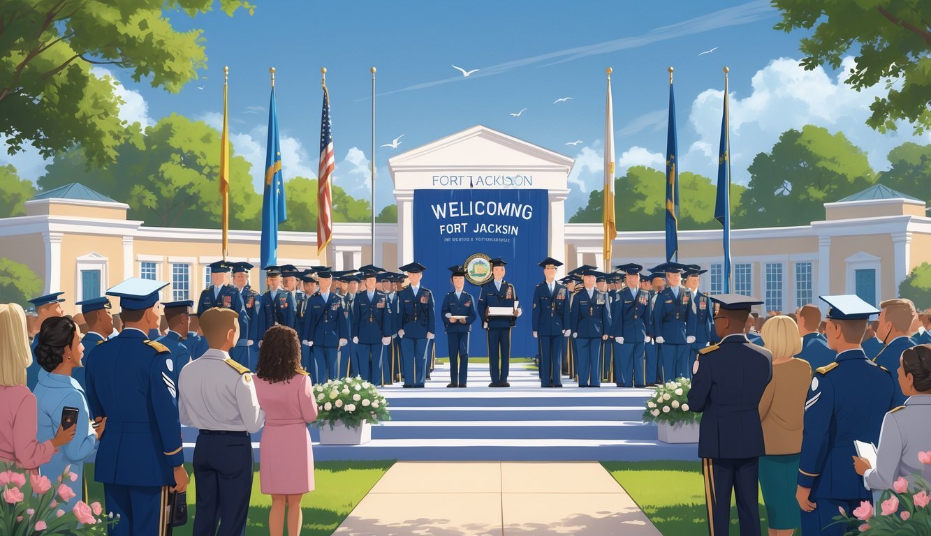 A group of soldiers in uniform receiving diplomas at an outdoor graduation ceremony with family and friends watching nearby.