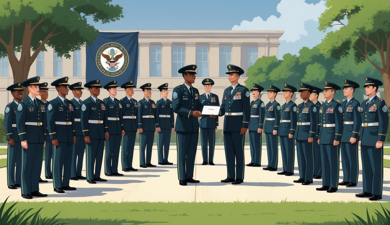 A military graduation ceremony at Fort Jackson with soldiers in uniform standing in formation and a commanding officer presenting a diploma to a graduate outdoors.