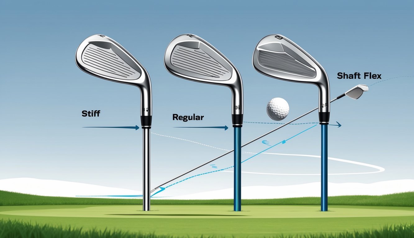 Three golf clubs with different shaft flex levels bending during a swing, showing how each affects the golf ball's flight path on a golf driving range.