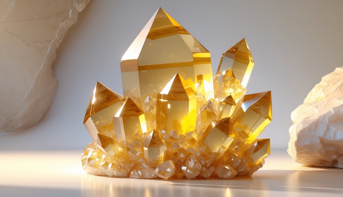 A close-up illustration of a cluster of golden-yellow honey calcite crystals with smooth, shiny surfaces and warm tones.