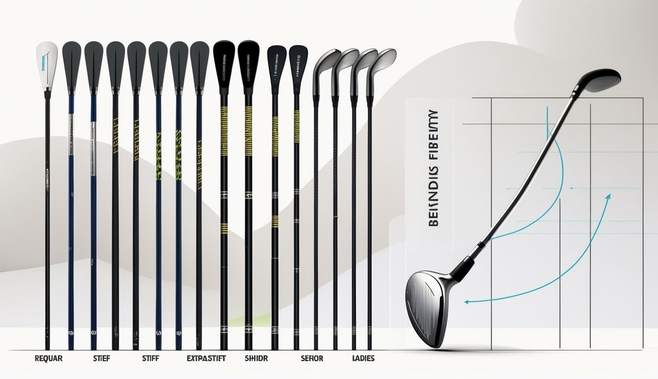 Illustration showing different golf shafts with varying flex levels and a golf club head, alongside a diagram indicating their bending flexibility.