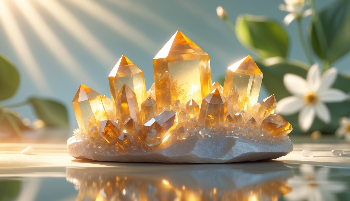 A cluster of golden-yellow honey calcite crystals on a reflective surface with soft light and natural elements in the background.