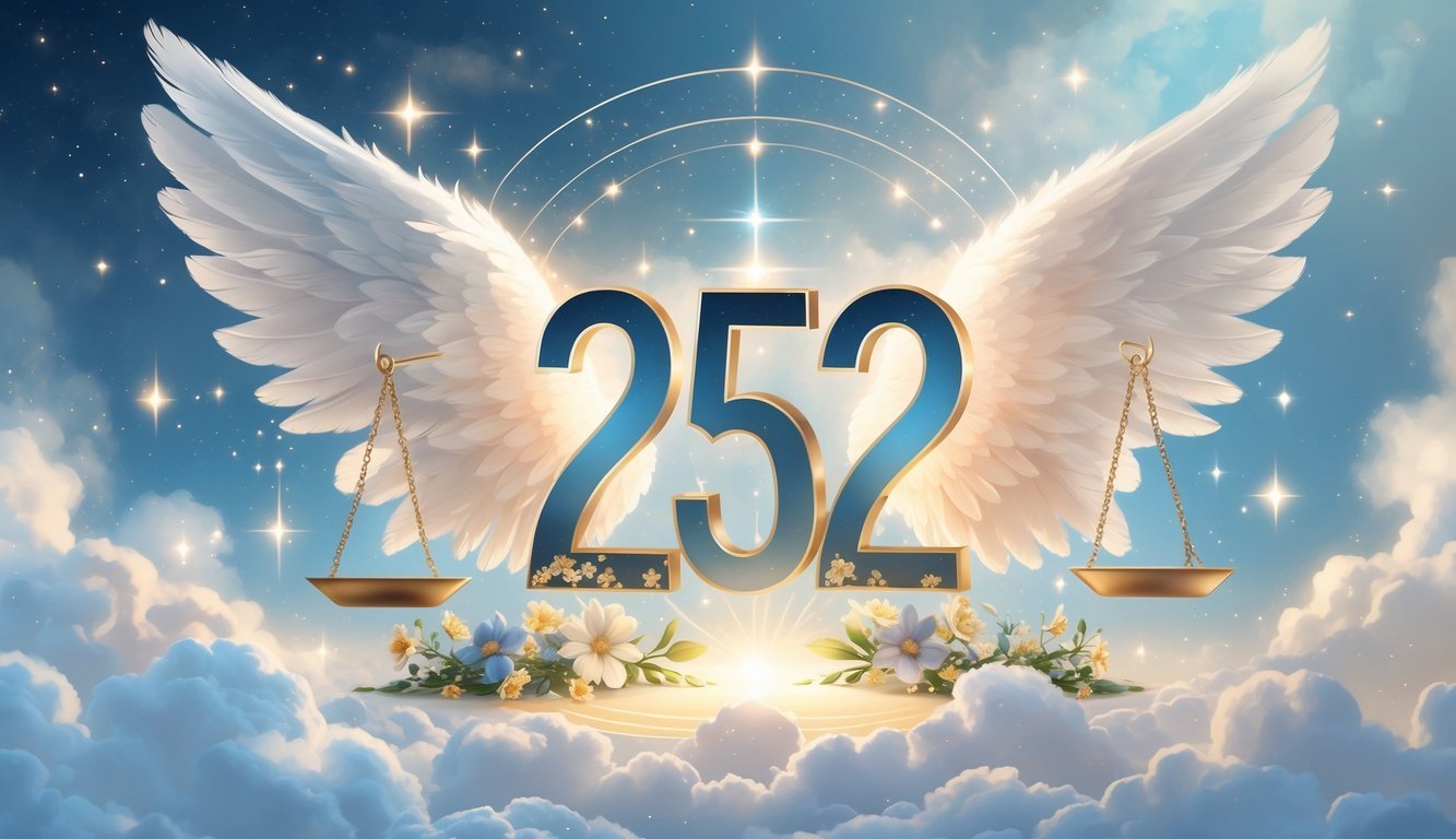A glowing number 252 surrounded by angel wings, balanced scales, blooming flowers, and radiant light in a peaceful, celestial sky with clouds and stars.