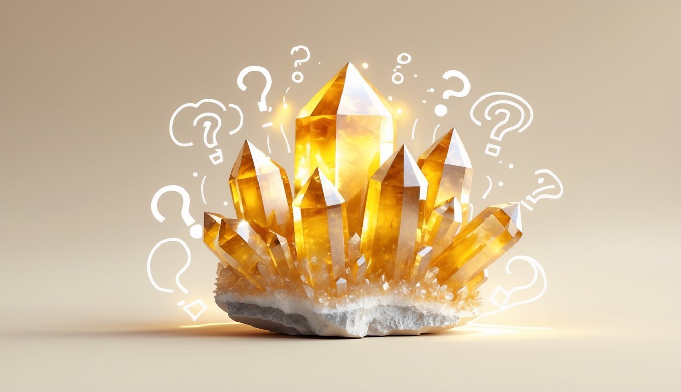 A detailed illustration of a golden-yellow honey calcite crystal cluster with soft glowing light effects on a neutral background, surrounded by subtle abstract shapes representing questions and knowledge.