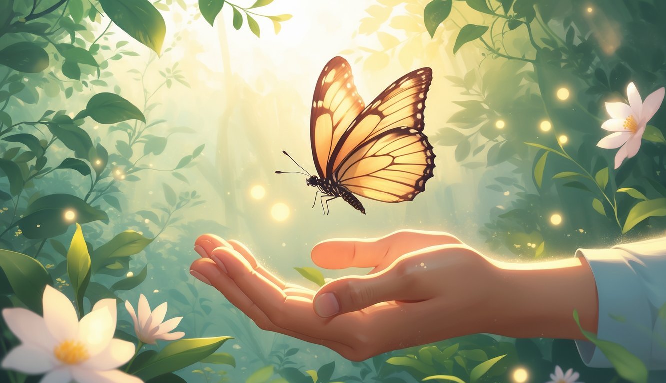 A butterfly gently landing on a person's outstretched hand surrounded by soft sunlight and green foliage.