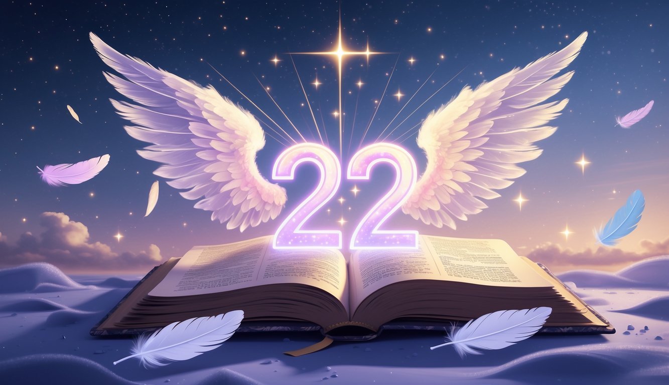 A glowing number 252 floating above an open ancient book with soft light beams and angelic wings in a twilight sky with stars and drifting feathers.
