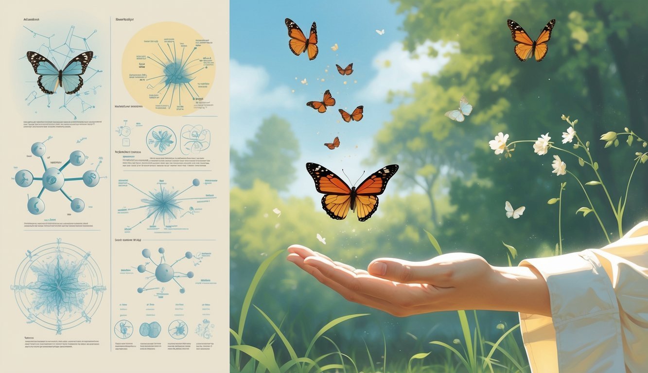 A butterfly gently landing on a person's outstretched hand outdoors, surrounded by subtle scientific diagrams and cultural symbols in the background.