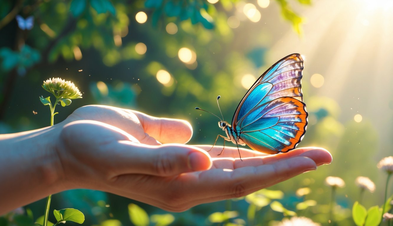 A butterfly landing gently on a person's outstretched hand in a sunlit outdoor setting with green foliage and wildflowers.