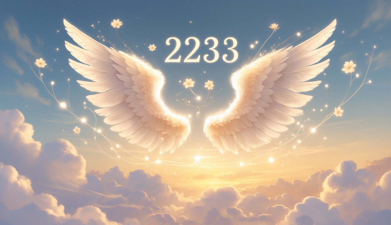 A glowing number 2233 surrounded by angel wings and soft light in a peaceful sky at dawn, with symbols of balance and growth around it.