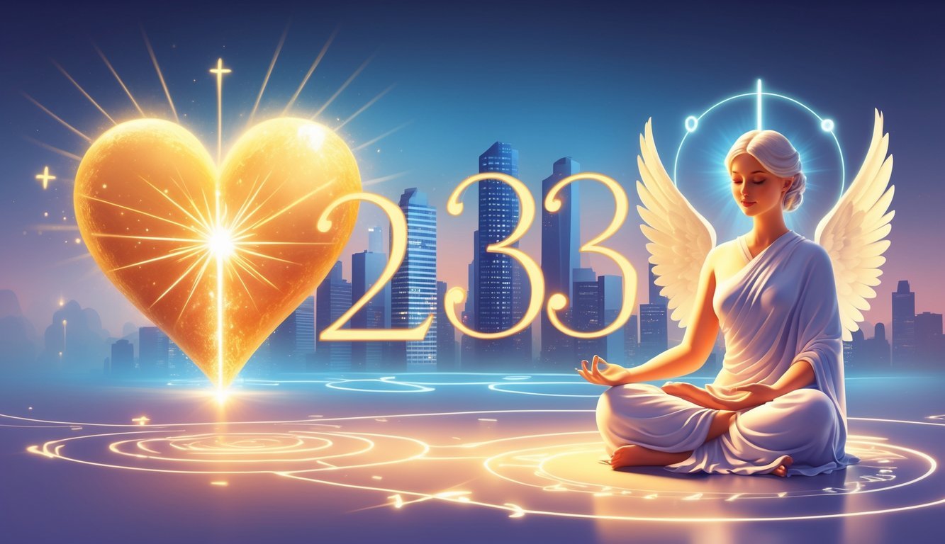 A glowing heart, a city skyline, and a meditating figure surrounded by light, symbolizing love, career, and spiritual growth connected by flowing energy.