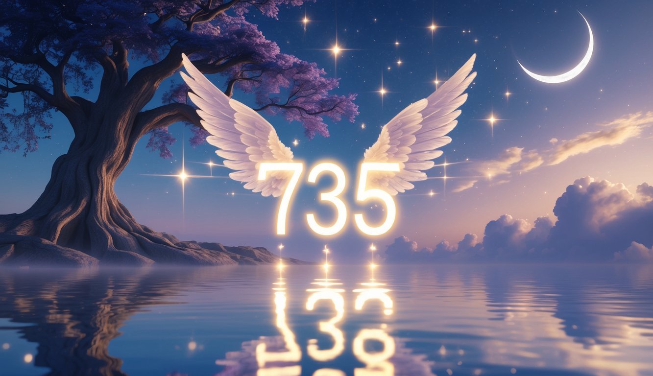 A glowing number 735 floating above calm water at twilight, surrounded by soft light beams, a majestic tree, starry sky, crescent moon, and angelic wings.