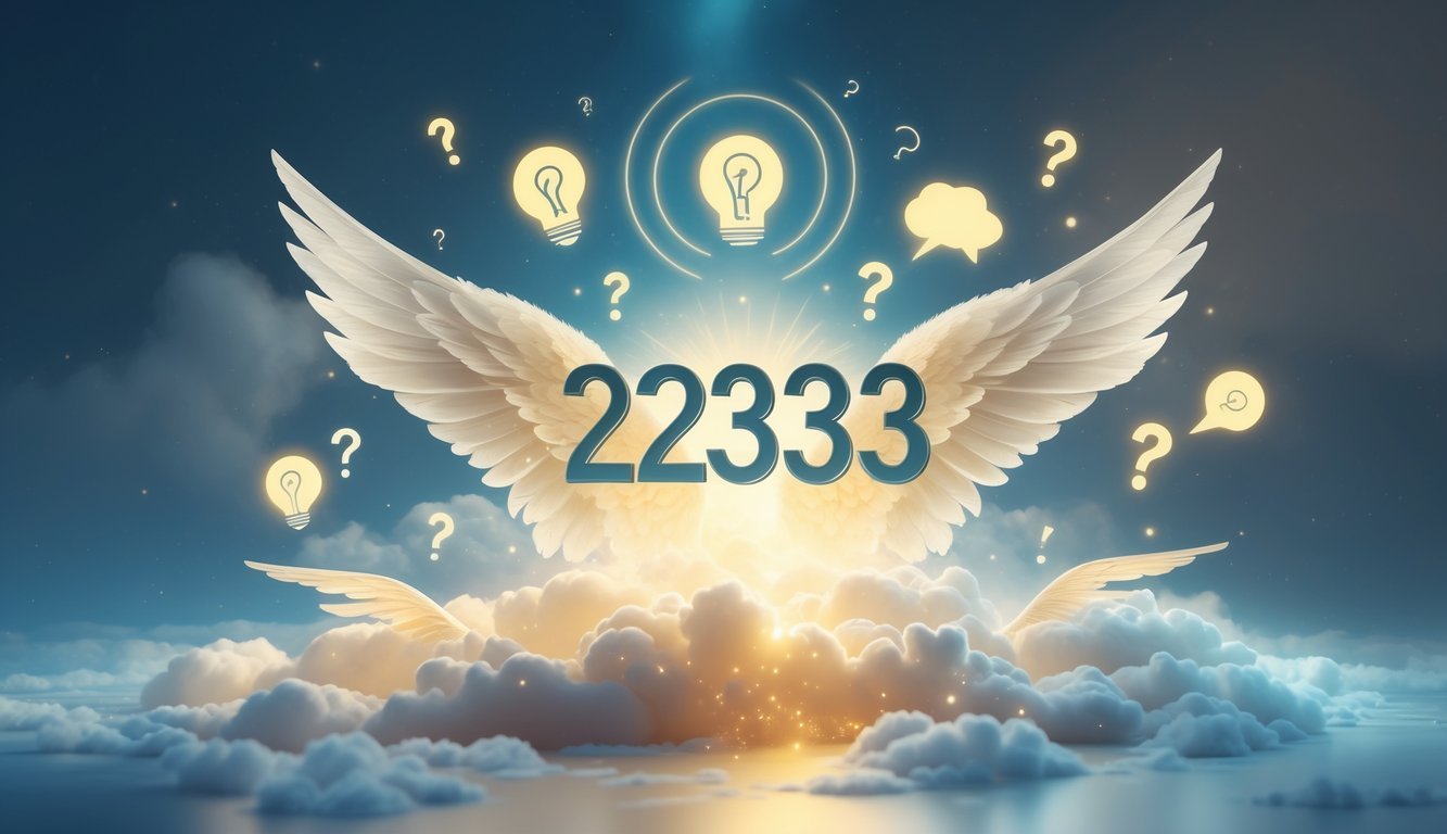 An ethereal scene with glowing numbers 2233 surrounded by angel wings and floating symbols of questions and knowledge against a soft blue and gold background.