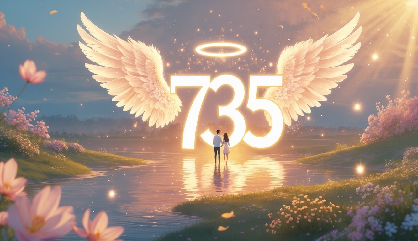 A loving couple holding hands surrounded by glowing angel wings in a peaceful natural landscape with a sunrise, flowers, and flowing water.