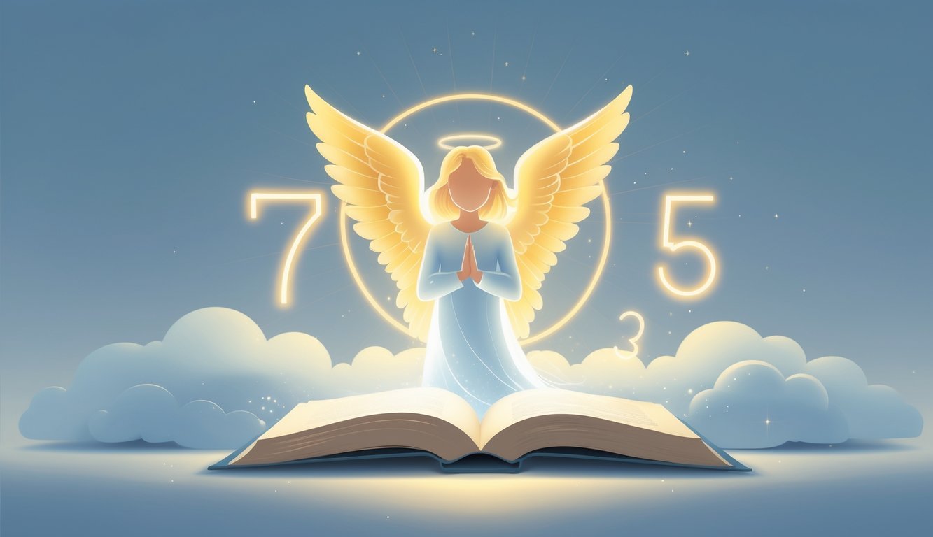 An angelic figure with golden wings hovering above clouds surrounded by glowing numbers 7, 3, and 5, with an open book below them.