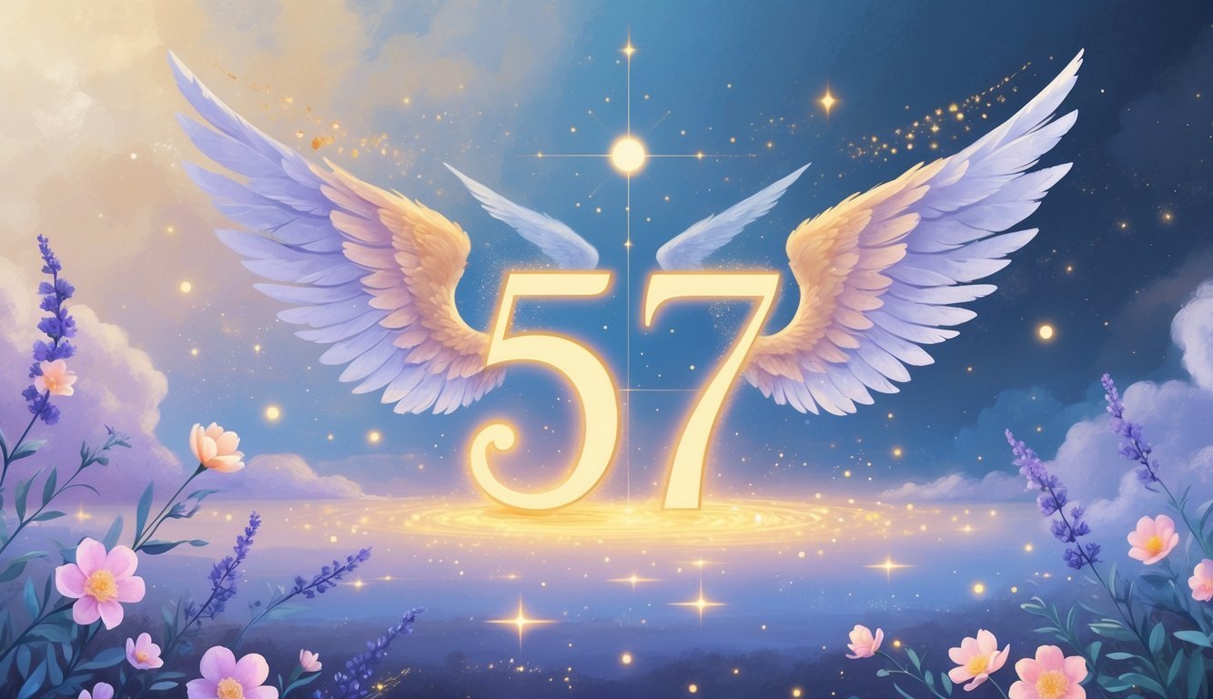 A serene celestial scene with glowing abstract shapes symbolizing the angel number 5757, surrounded by angelic wings, light rays, and blossoming flowers under a peaceful sky.