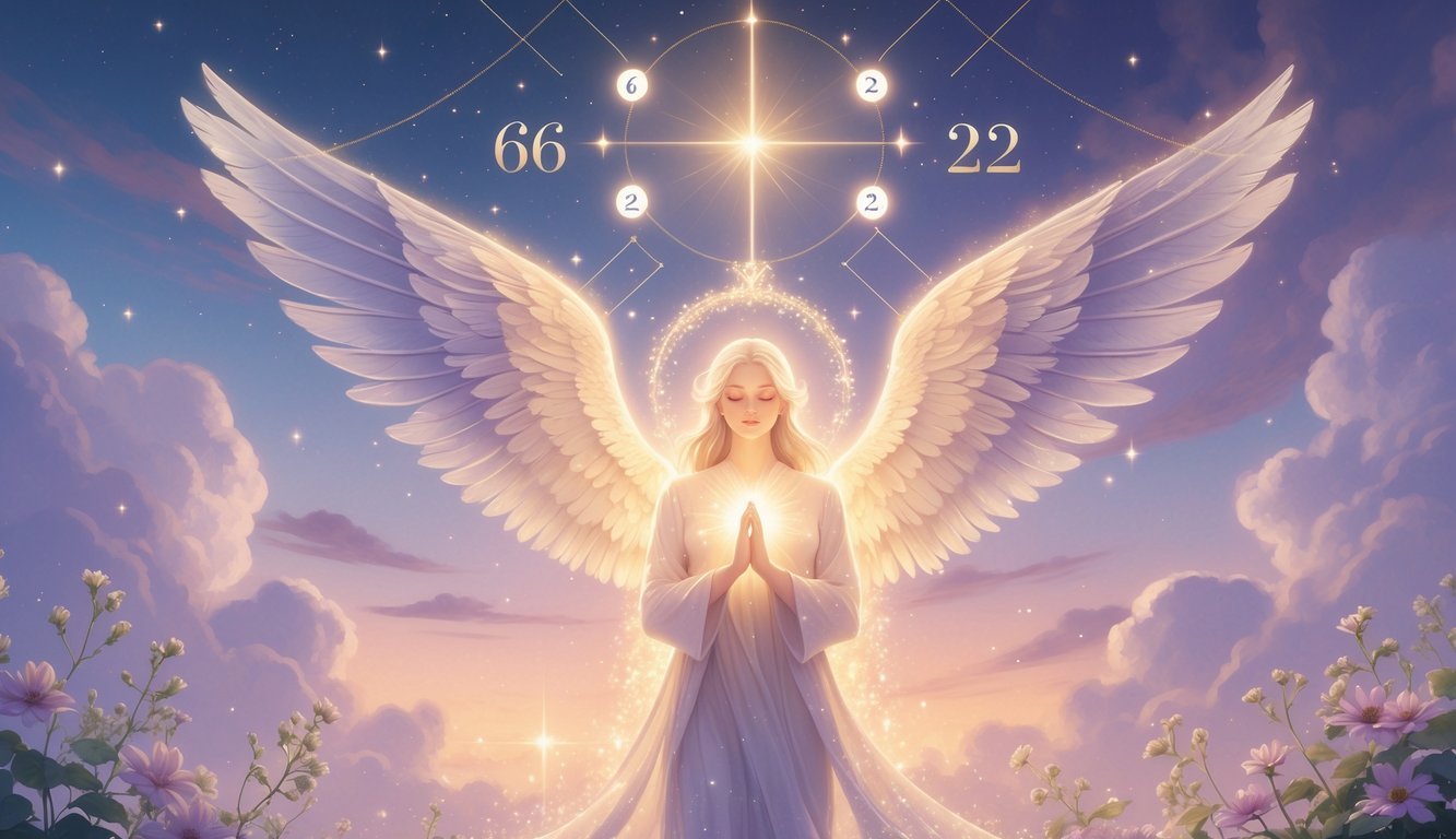 A glowing ethereal figure surrounded by golden light, celestial patterns, and blooming flowers under a peaceful dawn sky.