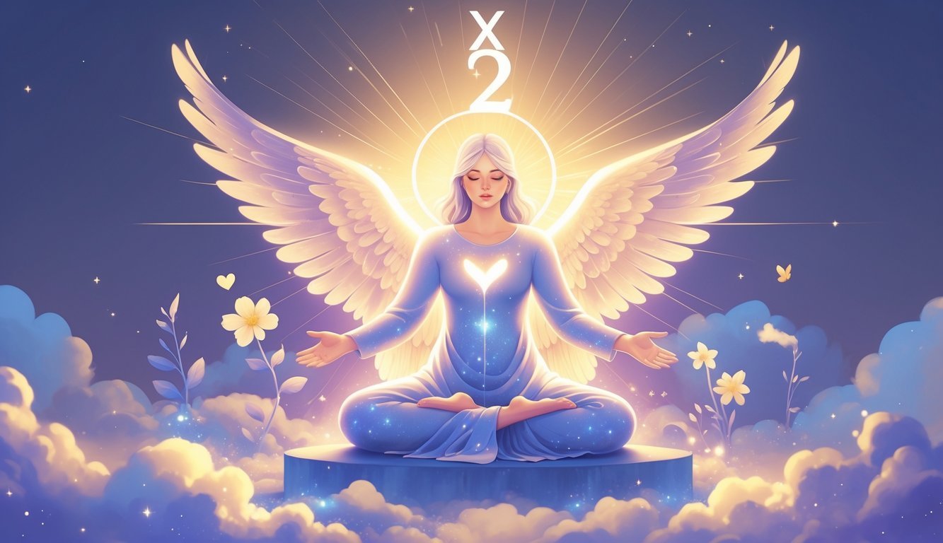 A glowing figure surrounded by symbols of love, career growth, and personal transformation with soft light and an ethereal background.