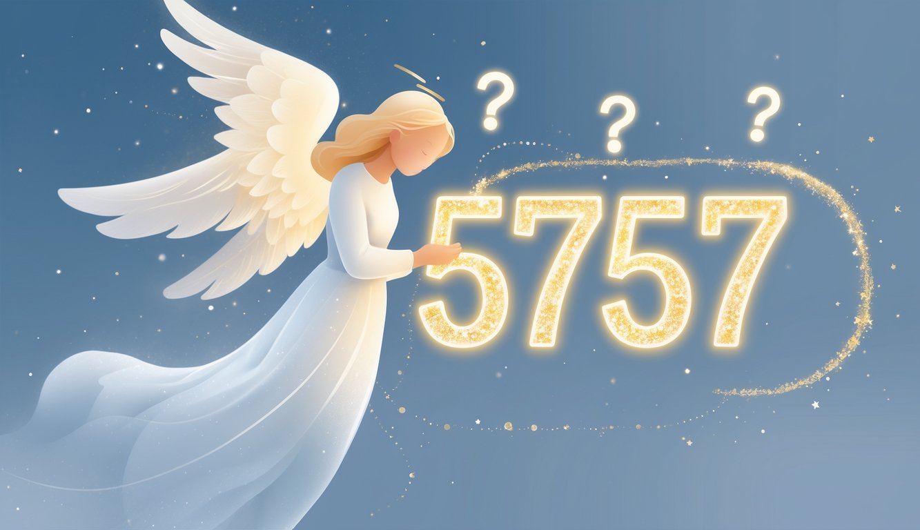 An angelic figure with glowing wings near illuminated numbers 5757 surrounded by question marks on a soft blue and white background.