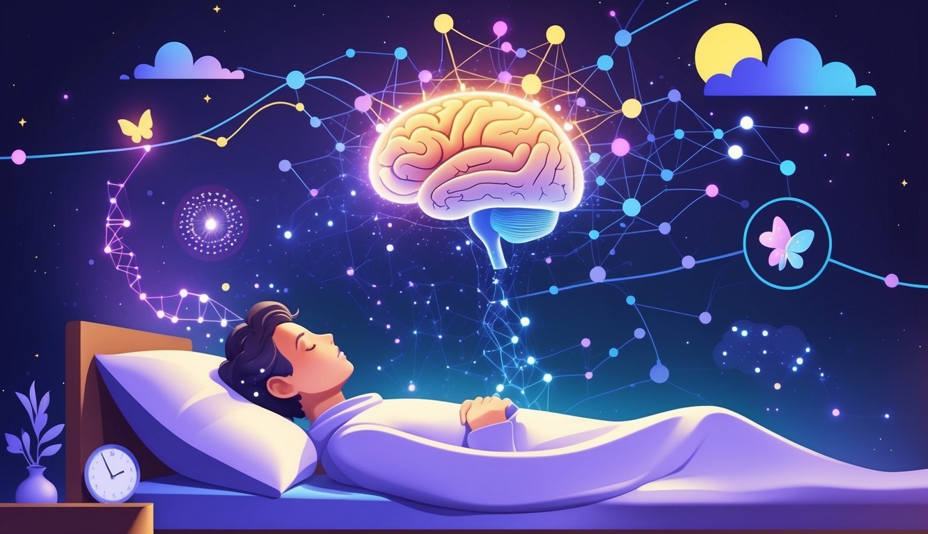 A person sleeping peacefully with glowing brain activity and dreamlike symbols floating above their head.