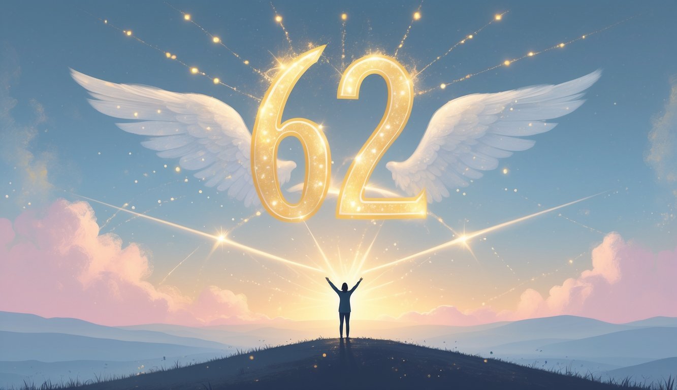 A glowing number 622 floating above a hilltop where a person stands with arms raised, surrounded by soft light and a colorful sky at dawn.