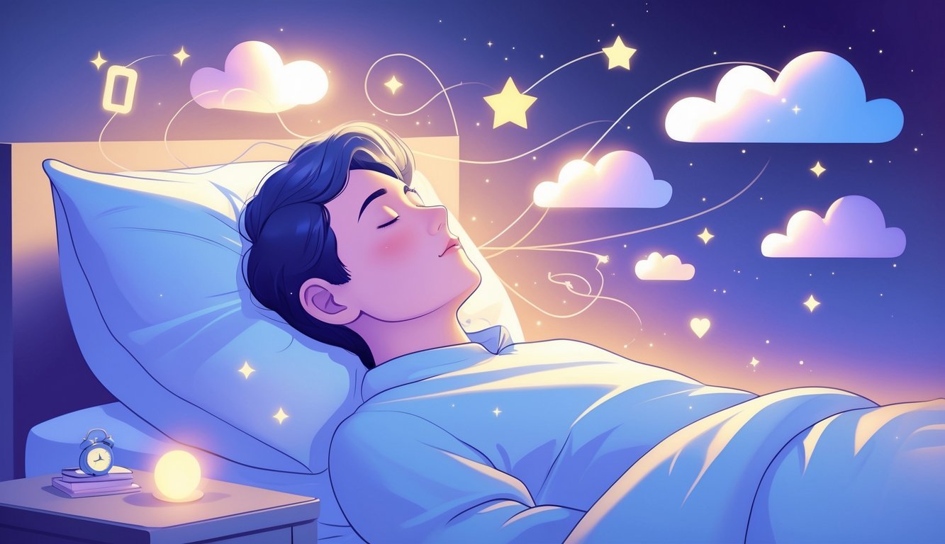 A person lying on a bed with closed eyes surrounded by floating dream symbols like clouds, stars, a key, a clock, and a heart connected by gentle light swirls.