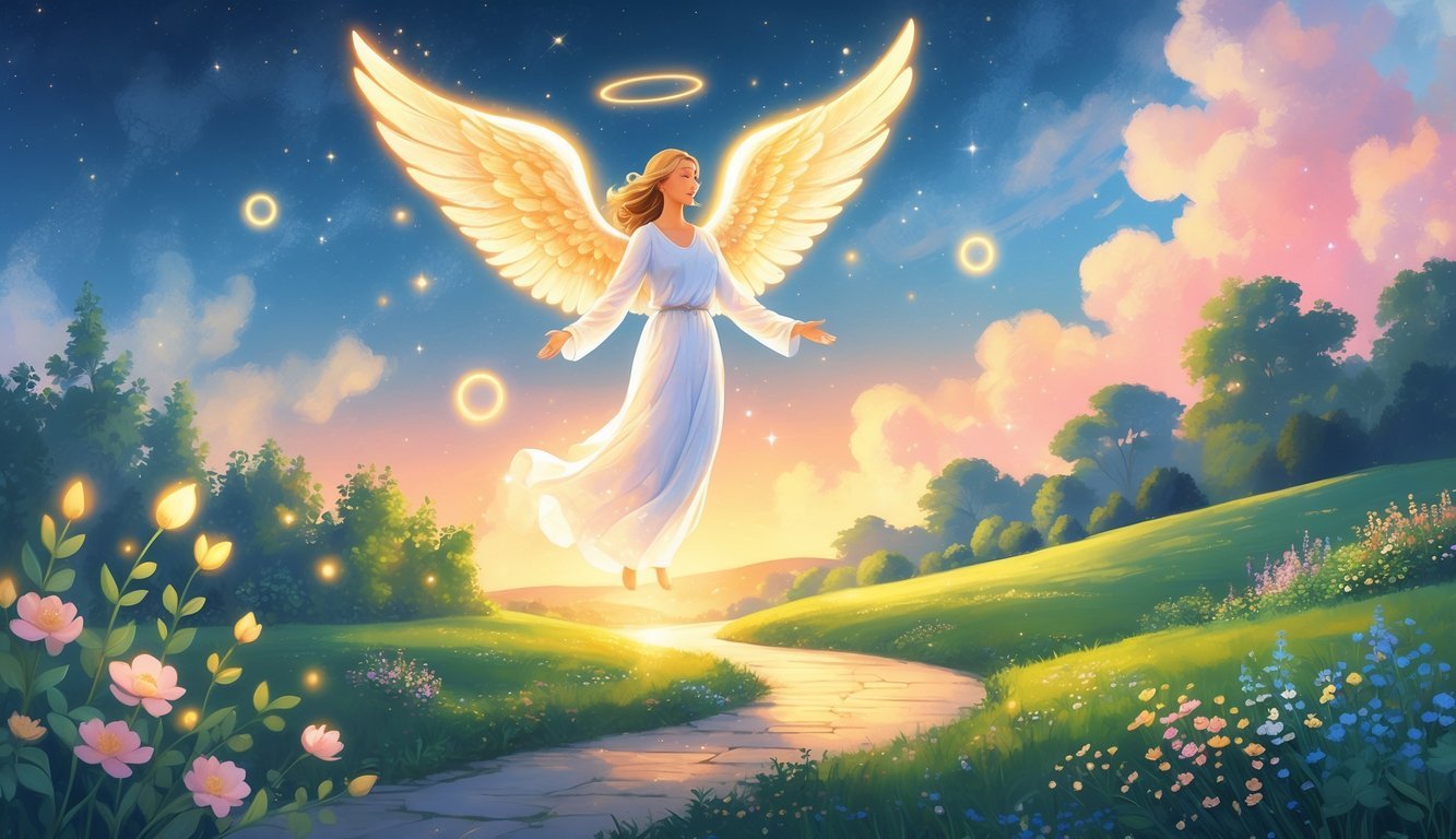 An angel with glowing wings hovers above a garden path surrounded by blooming flowers and greenery under a colorful dawn sky.