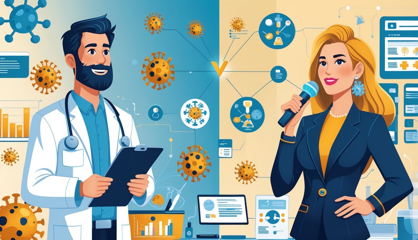 Two figures side by side, one a medical expert with scientific tools, the other a celebrity with microphones and cameras, illustrating the difference between expert advice and celebrity influence.
