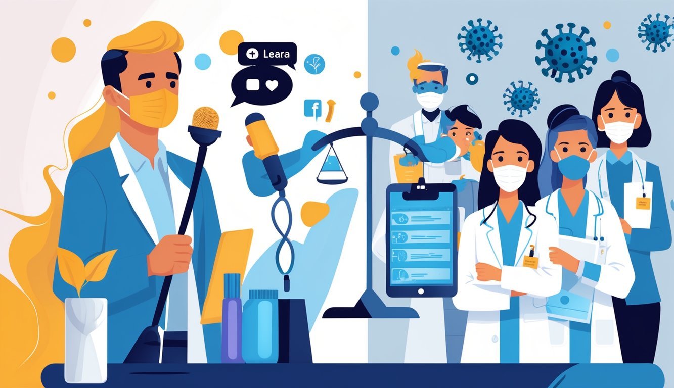 A scene showing a celebrity with a microphone and social media icons on one side, and a group of scientists in lab coats with medical tools on the other, with a scale tipping towards the scientists.