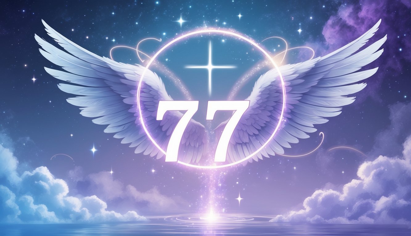 An ethereal scene with glowing light and cosmic elements surrounding abstract representations of the number 757, accompanied by angelic wings and feathers symbolizing spiritual guidance.