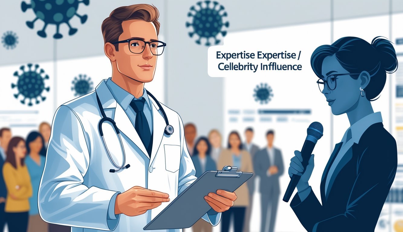 A medical expert in a white lab coat explains COVID-19 information to an attentive audience, while a celebrity figure in the background appears less prominent.