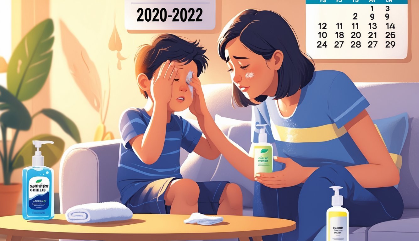 A parent comforting a child who has gotten hand sanitizer in their eye inside a home.