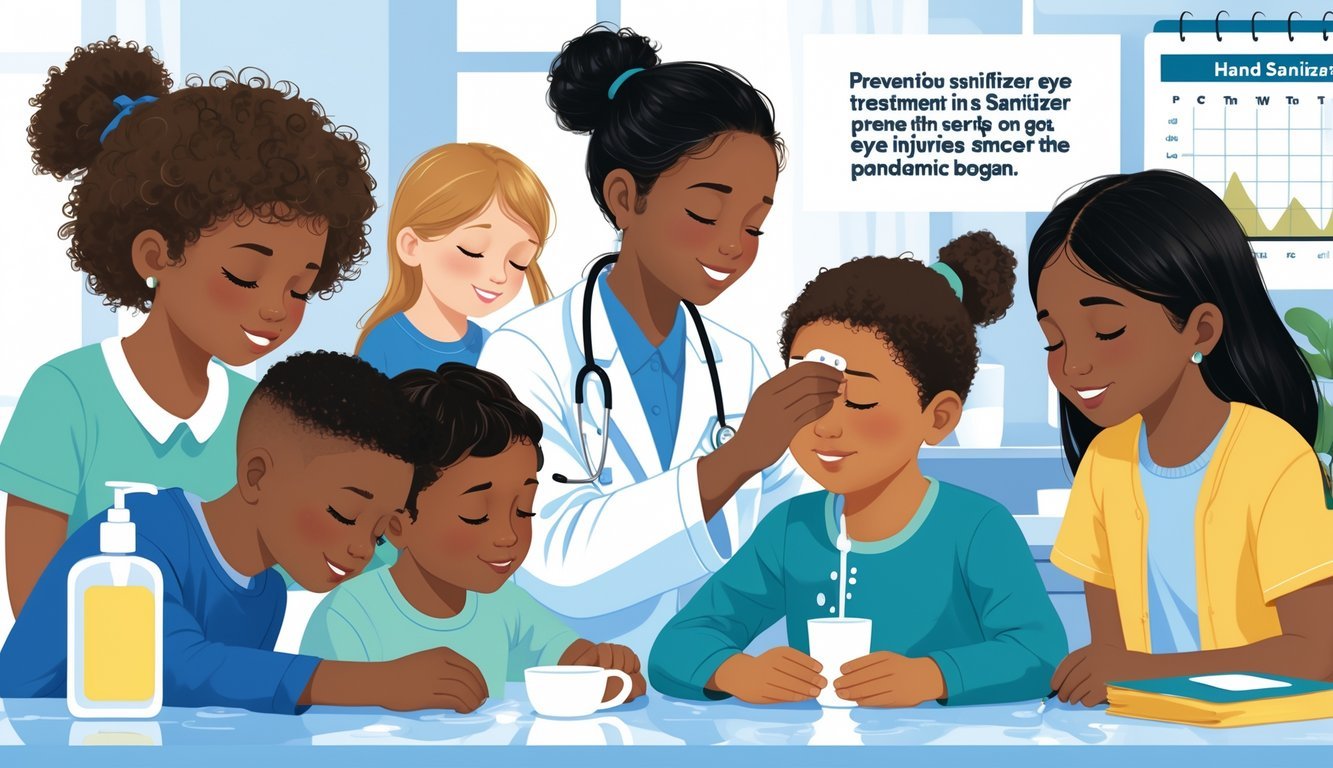 A child rinsing their eye with water under the guidance of a healthcare professional, with a bottle of hand sanitizer nearby and visual elements indicating increased sanitizer-related eye injuries among children.
