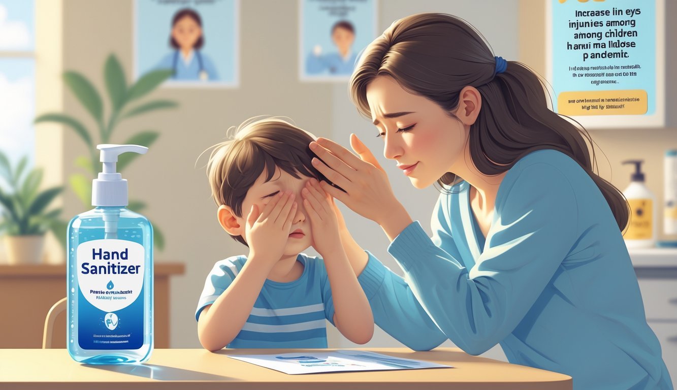 A parent caring for a child who is holding their eye in pain, with a bottle of hand sanitizer on a nearby table and a clinic setting in the background.