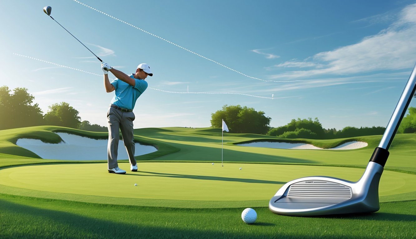 A golfer swinging a gap wedge on a golf course aiming at a flag on the green with the ball in mid-air.