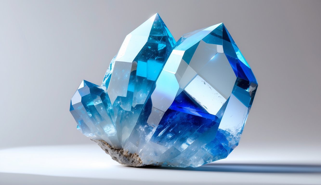 A close-up illustration of a blue quartz crystal showing its blue hues and natural facets.