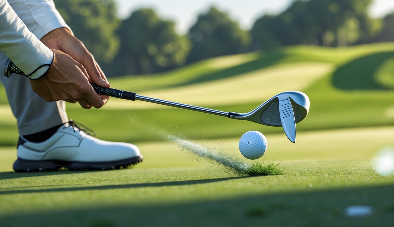 A golfer swinging a gap wedge club on a golf course with a golf ball in mid-air, showing the shot's trajectory and distance control.