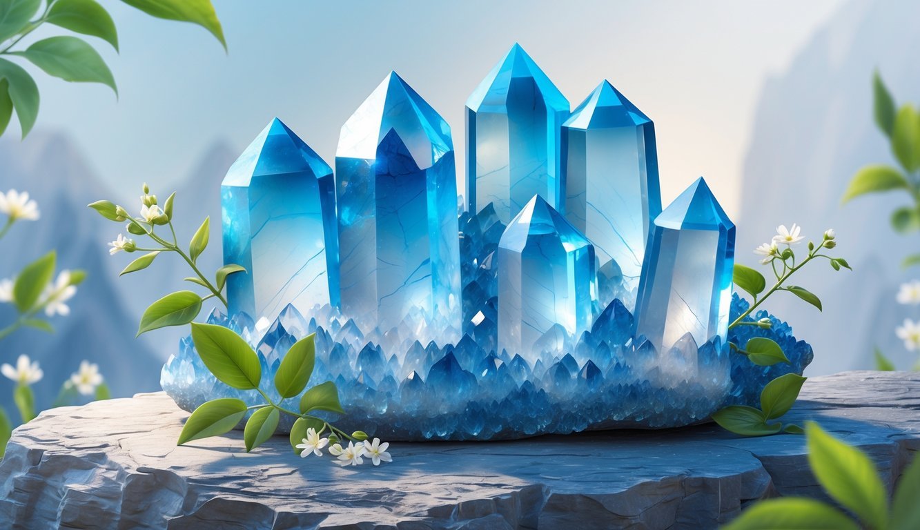 A polished cluster of blue quartz crystals resting on a rocky surface surrounded by green leaves and small white flowers.