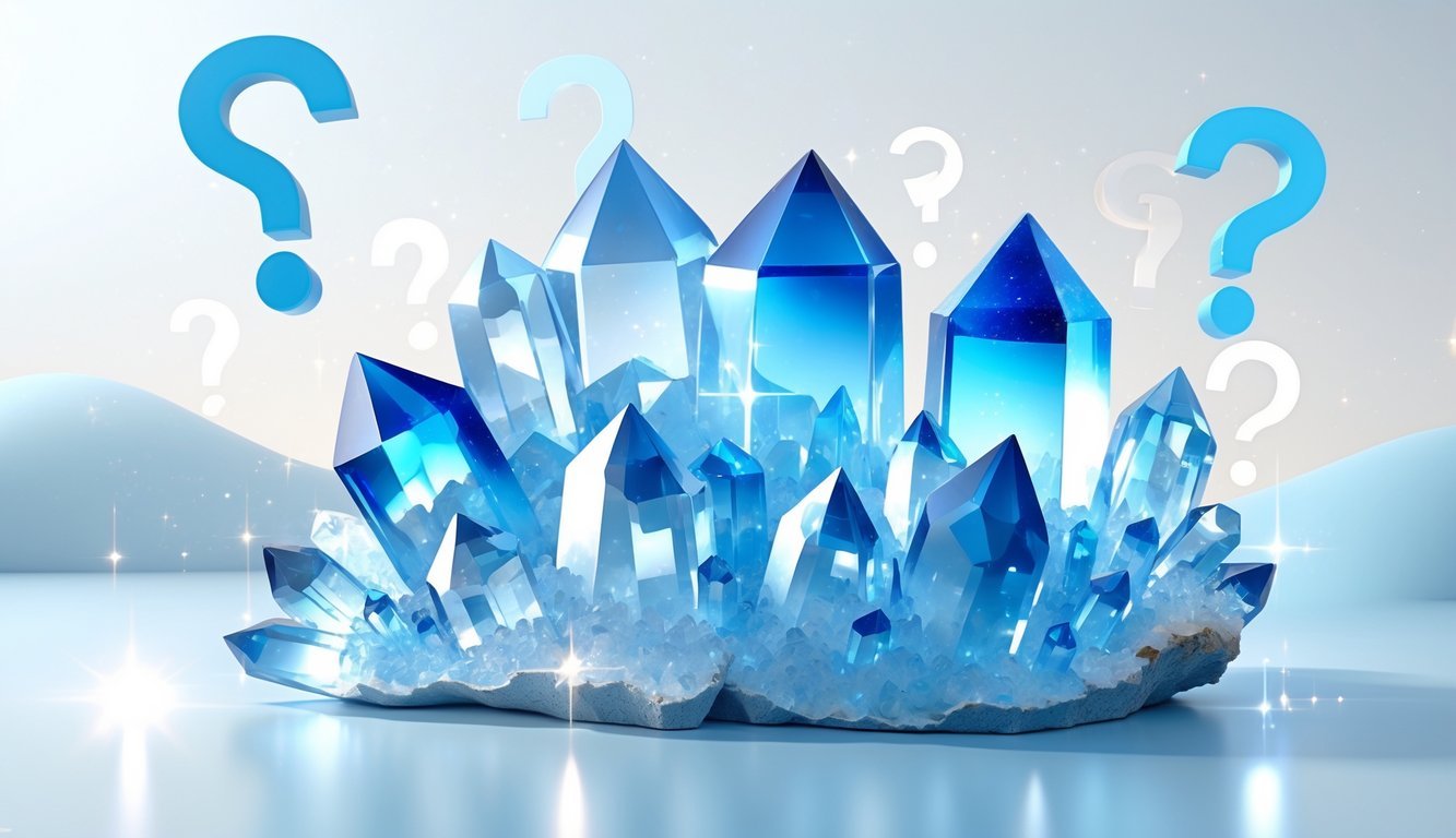 A cluster of translucent blue quartz crystals with soft glowing question mark icons in the background.