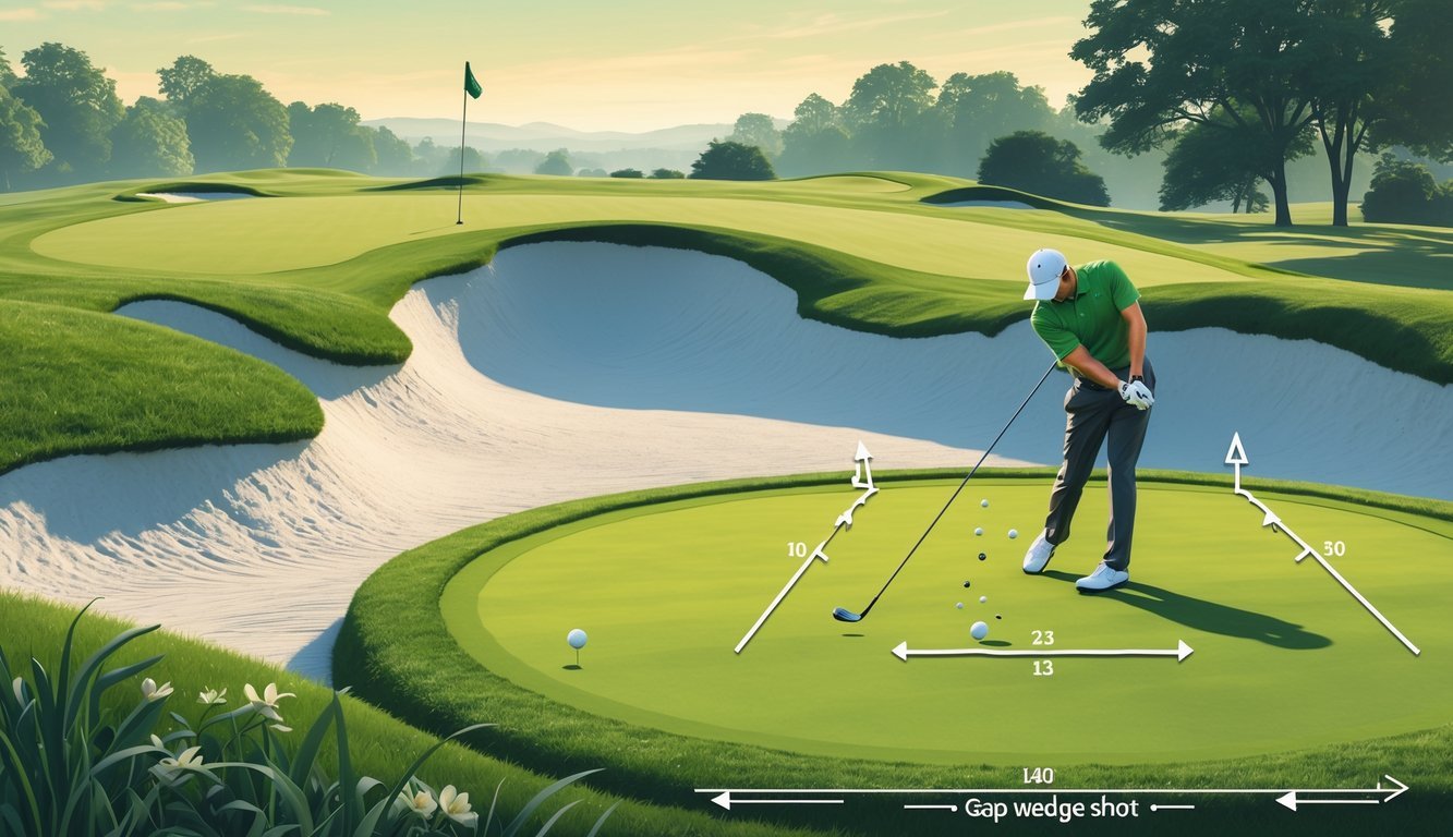 A golfer swinging a gap wedge on a golf course with an overlaid diagram showing typical shot distances and trajectories toward the green.