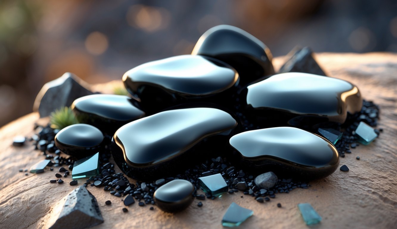 A close-up view of smooth, black Apache Tears stones resting on a natural surface with small volcanic glass fragments around them.
