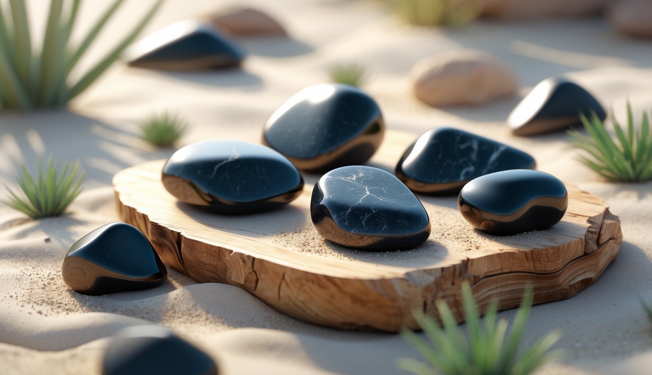 A collection of smooth, black Apache tears stones on a wooden surface with desert plants and soft sunlight.