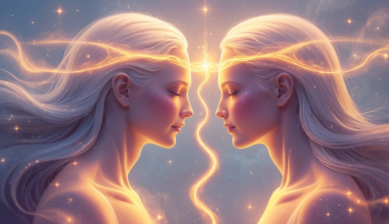 Two glowing human figures facing each other connected by a bright energy thread between their foreheads against a soft cosmic background.