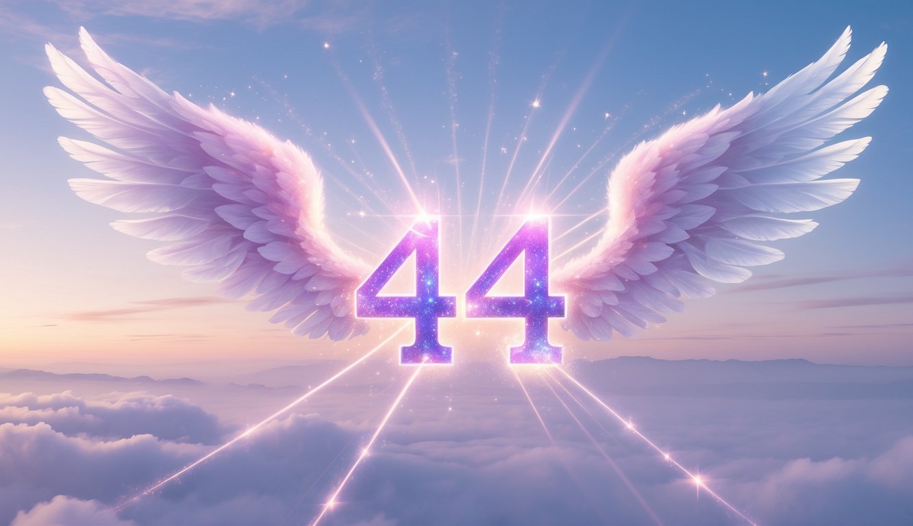 A glowing number 444 surrounded by angel wings, floating above a peaceful landscape with soft clouds and distant mountains at dawn.