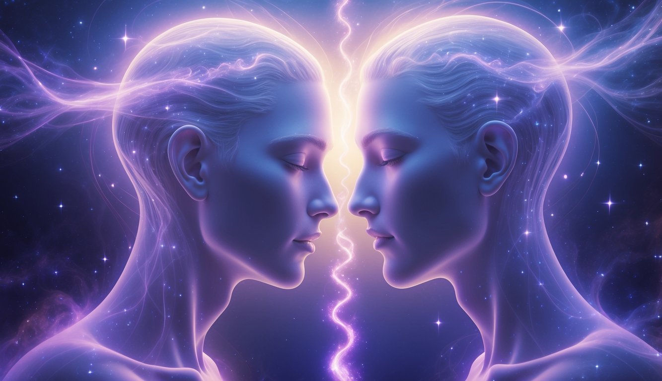 Two translucent human figures with closed eyes facing each other, connected by a glowing light beam between their foreheads, surrounded by cosmic elements like stars and nebulae.