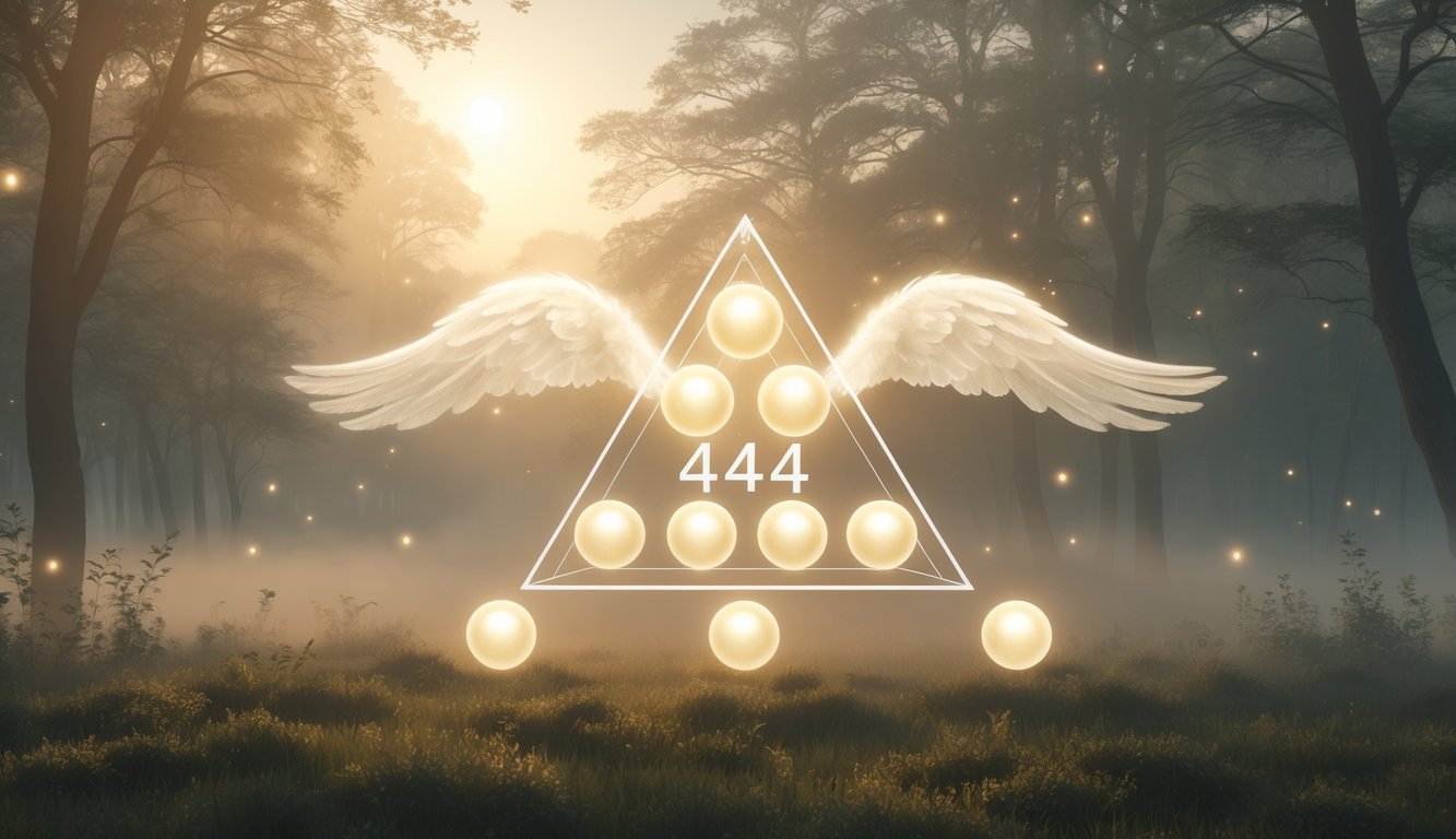 A peaceful misty forest at dawn with glowing orbs arranged in groups of four and faint angelic wings in the background, symbolizing spiritual guidance and protection.
