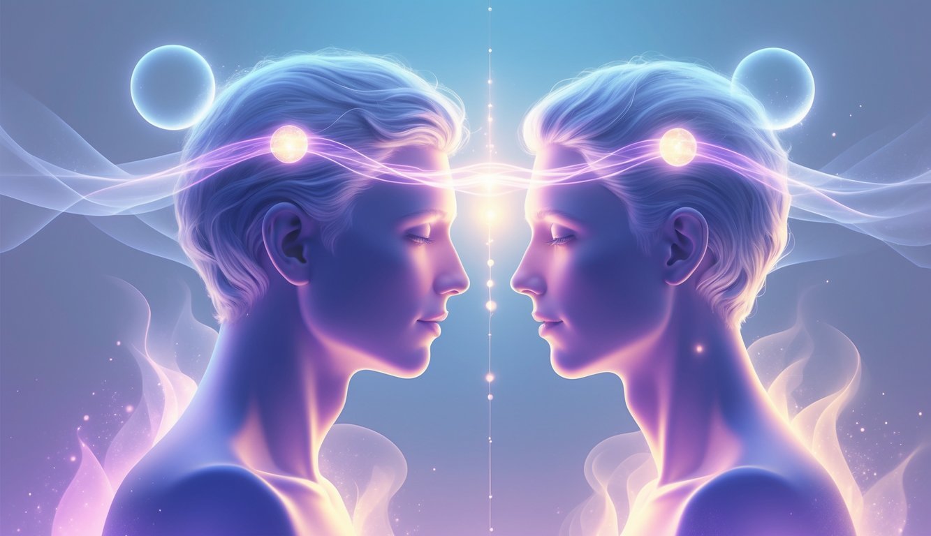 Two glowing human figures facing each other with a light thread connecting their heads, surrounded by soft glowing orbs and a calming blue-purple background.
