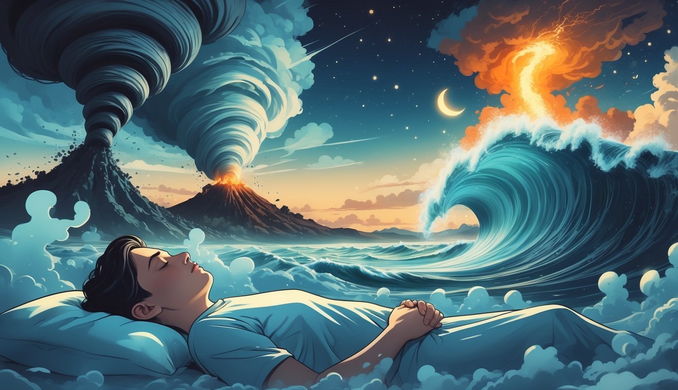 A person sleeping peacefully surrounded by dreamlike scenes of a tornado, tsunami wave, and volcanic eruption under a starry sky.