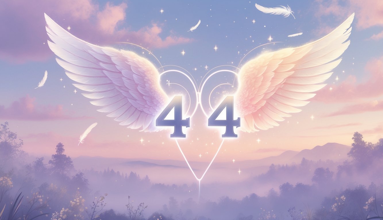 A glowing cluster of the angel number 444 with angel wings, stars, feathers, and soft light over a peaceful dawn landscape with mountains and forest.